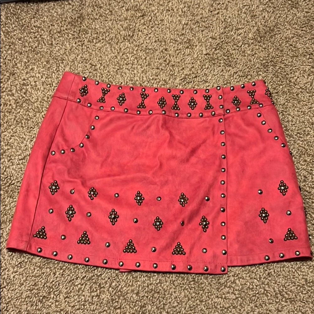 Red Suede studded wrap mini skirt